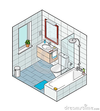 Isometric illustration of bathroom. Hand drawn interior view. Vector Illustration