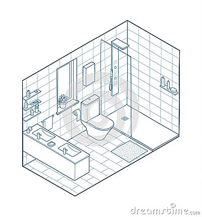 Isometric illustration of bathroom. Hand drawn interior view. Vector Illustration