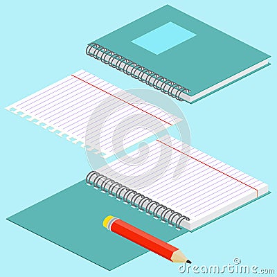 Isometric illustration on a blue background with the image of notebook, pencil, open spiral notebook and lined paper. Vector illus Vector Illustration