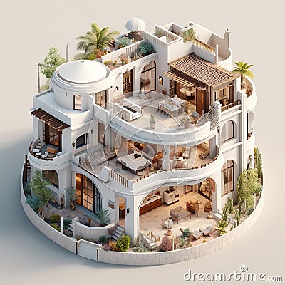 Isometric illustration of a bunglow house based on Arabic and Greece architecture. Cartoon Illustration