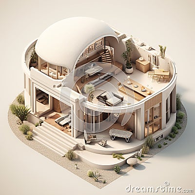 Isometric illustration of a bunglow house based on Arabic and Greece architecture. Cartoon Illustration