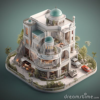 Isometric illustration of a bunglow house based on Arabic and Greece architecture. Cartoon Illustration