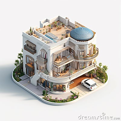 Isometric illustration of a bunglow house based on Arabic and Greece architecture. Cartoon Illustration