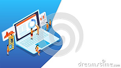 Isometric illustration of business people maintain or analysis the data from laptop. Cartoon Illustration