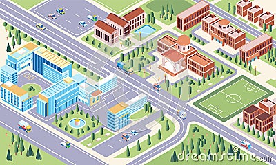 Isometric illustration of campus university environment complex, there is a campus garden as a green area and the building is Vector Illustration