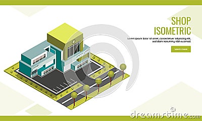 Isometric illustration of coffee center with shop building and garden yard background. Cartoon Illustration