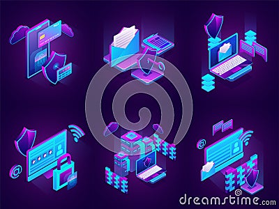 Isometric illustration of Cyber Security elements for data and t Cartoon Illustration