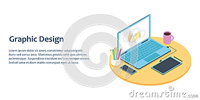 Isometric illustration of designer workplace with computer and graphics tablet. Vector Illustration