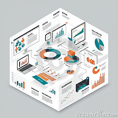 Isometric illustration of a digital workspace features multiple devices displaying dat Cartoon Illustration