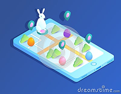 Isometric illustration with Easter Bunny looking for eggs Cartoon Illustration