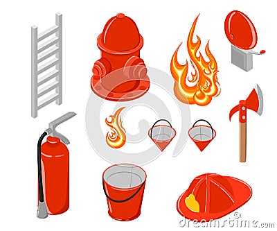 Isometric illustration of firefighting. Hook and hydrant. Firefighting collection. Elements for infographic Cartoon Illustration