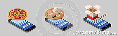 Isometric illustration of ordering pizza, sushi, noodles using s Vector Illustration