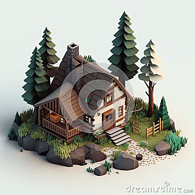 Isometric illustration of a simple house Cartoon Illustration