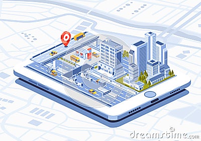 Isometric illustration of smart city mobile app on tablet Vector Illustration