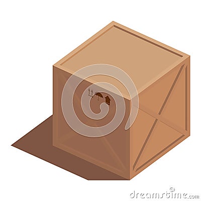 Isometric illustration of a vector cargo 3d brown wooden box with transportation symbols. Turned to the side Vector Illustration