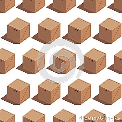 Isometric illustration of a vector cargo 3d brown wooden box with transportation symbols. Turned to the side. Seamless pattern. Vector Illustration