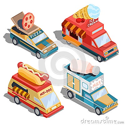 Isometric illustrations of cars fast delivery of food and food trucks - pizza, ice cream, hot dogs, milk Vector Illustration