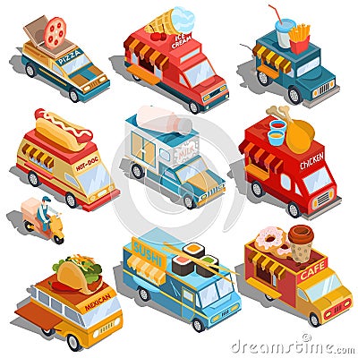 Isometric illustrations of cars fast delivery of food and food trucks Vector Illustration