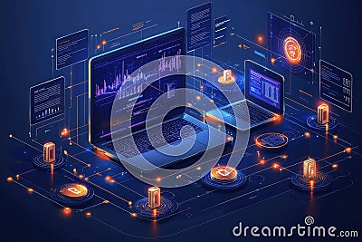 Isometric image showcasing digital cryptocurrency and blockchain data visualization technology Stock Photo