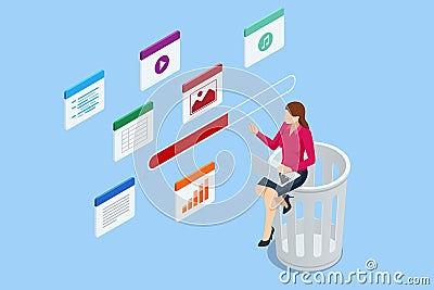 Isometric inbox organisation and clean-up, spam email envelopes with trash can. Browsing an email inbox full of spam Vector Illustration
