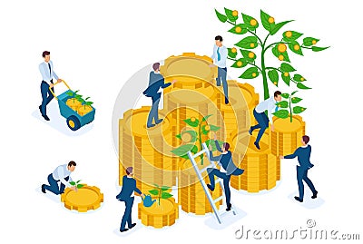 Isometric Income from investments, businessmen collect profits and reinvest money. Concept for web design Vector Illustration