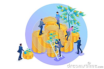 Isometric Income from investments, businessmen collect profits and reinvest money. Concept for web design Vector Illustration