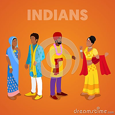 Isometric Indian People in Traditional Clothes Vector Illustration
