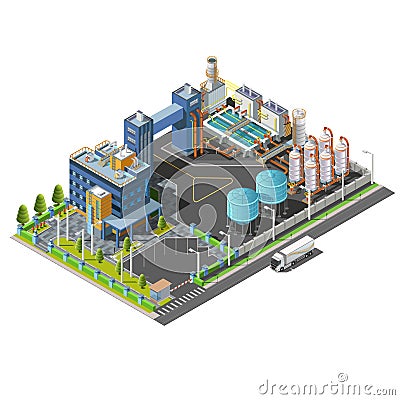 Isometric industrial area, plant, hydroelectric. Set icons Vector Illustration