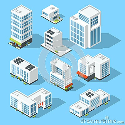 Isometric industrial buildings, offices and manufactured houses. 3d map vector illustration set Vector Illustration