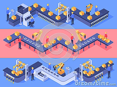 Isometric industrial factory automated line. Packaging conveyor equipment, automation line and industry factories vector Vector Illustration