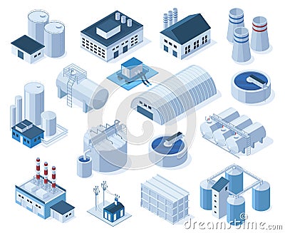 Isometric industrial factory buildings, warehouse, water purification system. Plant buildings, factories with tanks Vector Illustration