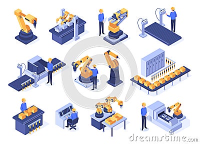 Isometric industrial robots. Assembly line machines, robotic arms with engineer workers and manufacturing technologies Vector Illustration