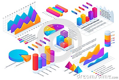 Isometric infographic. 3D graph chart. Data circle or line visualization. Graphic number analysis. Steps on business Vector Illustration