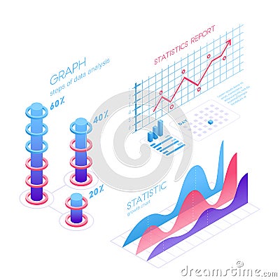 Isometric infographic elements with charts, statistics, data visualization, analysis, report, bar diagrams, graphs in Vector Illustration