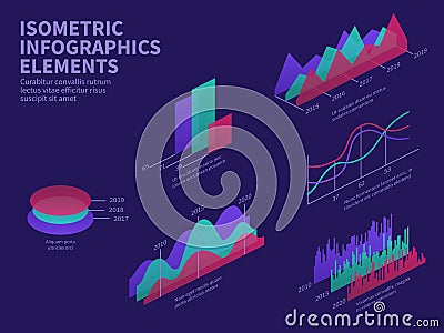 Isometric infographic elements. 3d graphs, bar chart, market histogram and layer diagram. Business presentation vector Vector Illustration