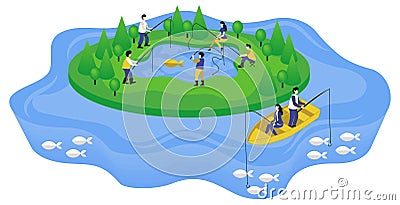 Isometric infographic of fishermen fishing in the ocean and lake on the island Vector Illustration