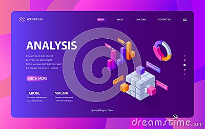 Isometric infographic landing. 3D data statistic and business chart web site layout template, financial presentation Vector Illustration