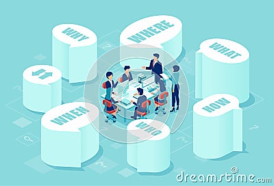 Vector of business team developing new project asking key questions Stock Photo