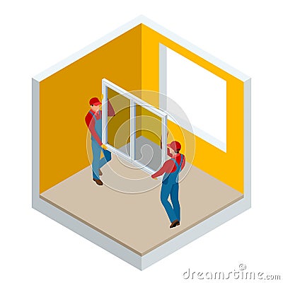 Isometric installation of windows in the house or apartment concept. Two workers in blue work clothes set a new window Vector Illustration