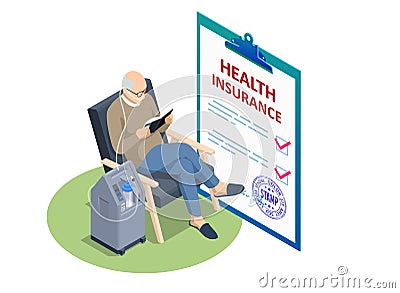 Isometric Insurance Policy, Medical Insurance, senior citizen health plan. Social Security Benefits Form for pensioners Vector Illustration