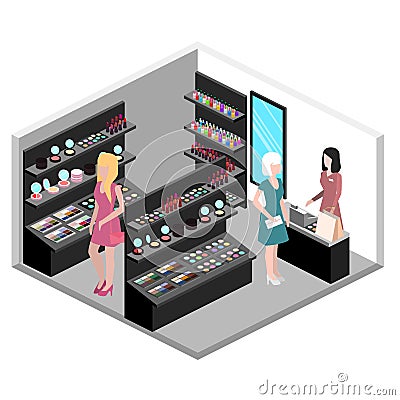 Isometric interior of cosmetics shop Cartoon Illustration