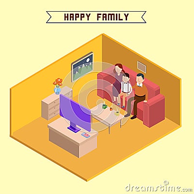 Isometric Interior. Family Watching TV Vector Illustration