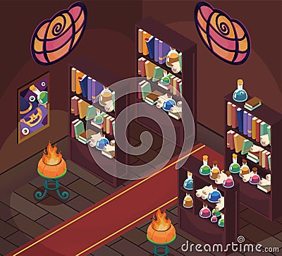 isometric interior of halloween room Vector Illustration