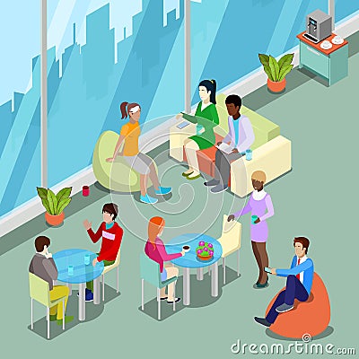 Isometric Interior Office Canteen and Relax Area with People Vector Illustration