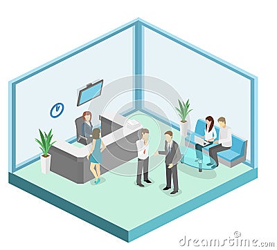 Isometric interior of reception. Flat 3D illustration of waiting room Cartoon Illustration