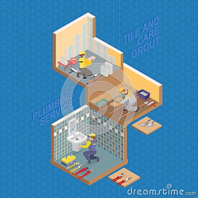 Isometric interior repairs concept. Vector flat 3d illustration. Vector Illustration