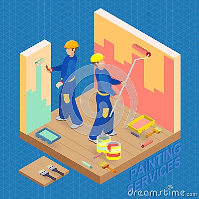 Isometric interior repairs concept. Two decorators are painting Vector Illustration