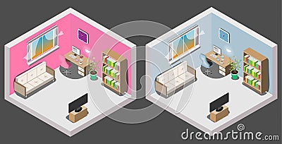 Isometric interior of room boy and girl Vector Illustration