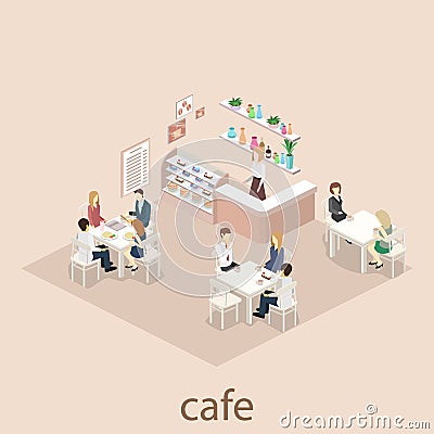 Isometric interior of sweet-shop. People sit at the table and eating. Cartoon Illustration