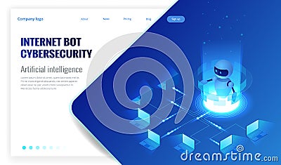 Isometric Internet bot and cybersecurity, artificial intelligence concept. ChatBot free robot virtual assistance of Vector Illustration